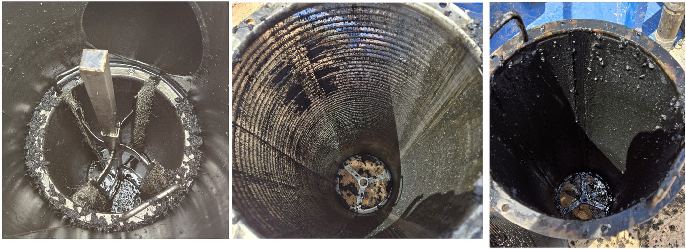 Three close-up views inside an IP Filtration strainer in service: the SS316 rotating brush assembly, the wedge-wire basket, and the basket wall loaded with captured solids