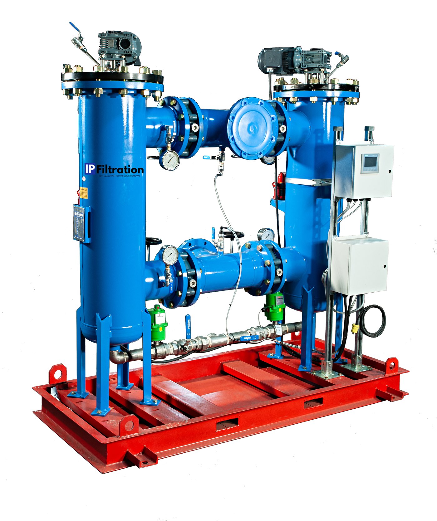 IP Filtration 98 Series automated self-cleaning duplex strainer — two blue SS316 vessels on a red skid with electric-actuated butterfly valves and control panel