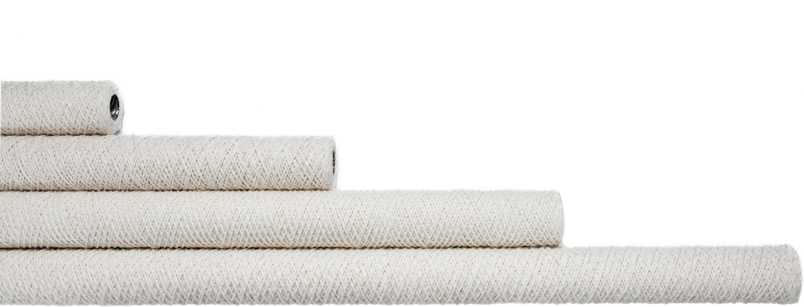 Four Coleman string-wound filter cartridges in ascending lengths, cotton-wound over a stainless core