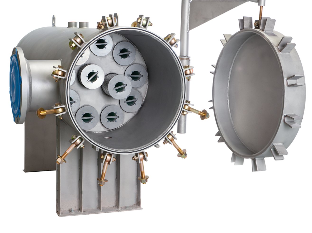 IP Filtration 11-Round high-flow filter vessel — stainless steel housing opened to show eleven Torpedo depth-cartridge seats, with the swing-bolt closure head beside it